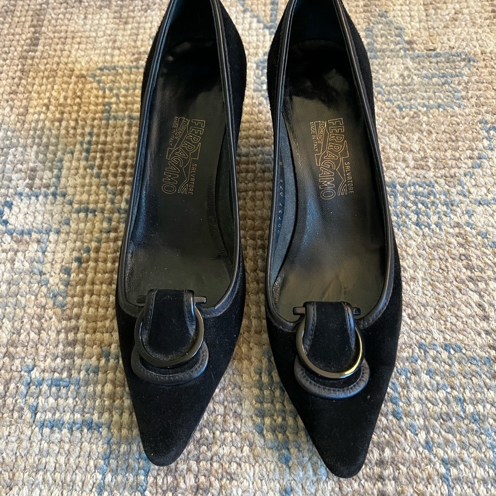 Salvatore Ferragamo Women's Black Suede Pumps with Kitten Heel